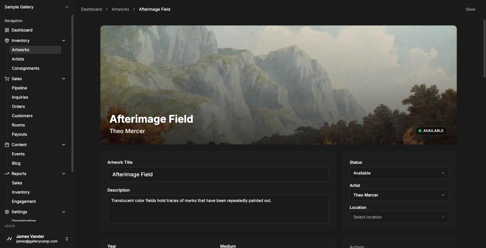 An artwork record in GalleryCamp, with its images, details and history.